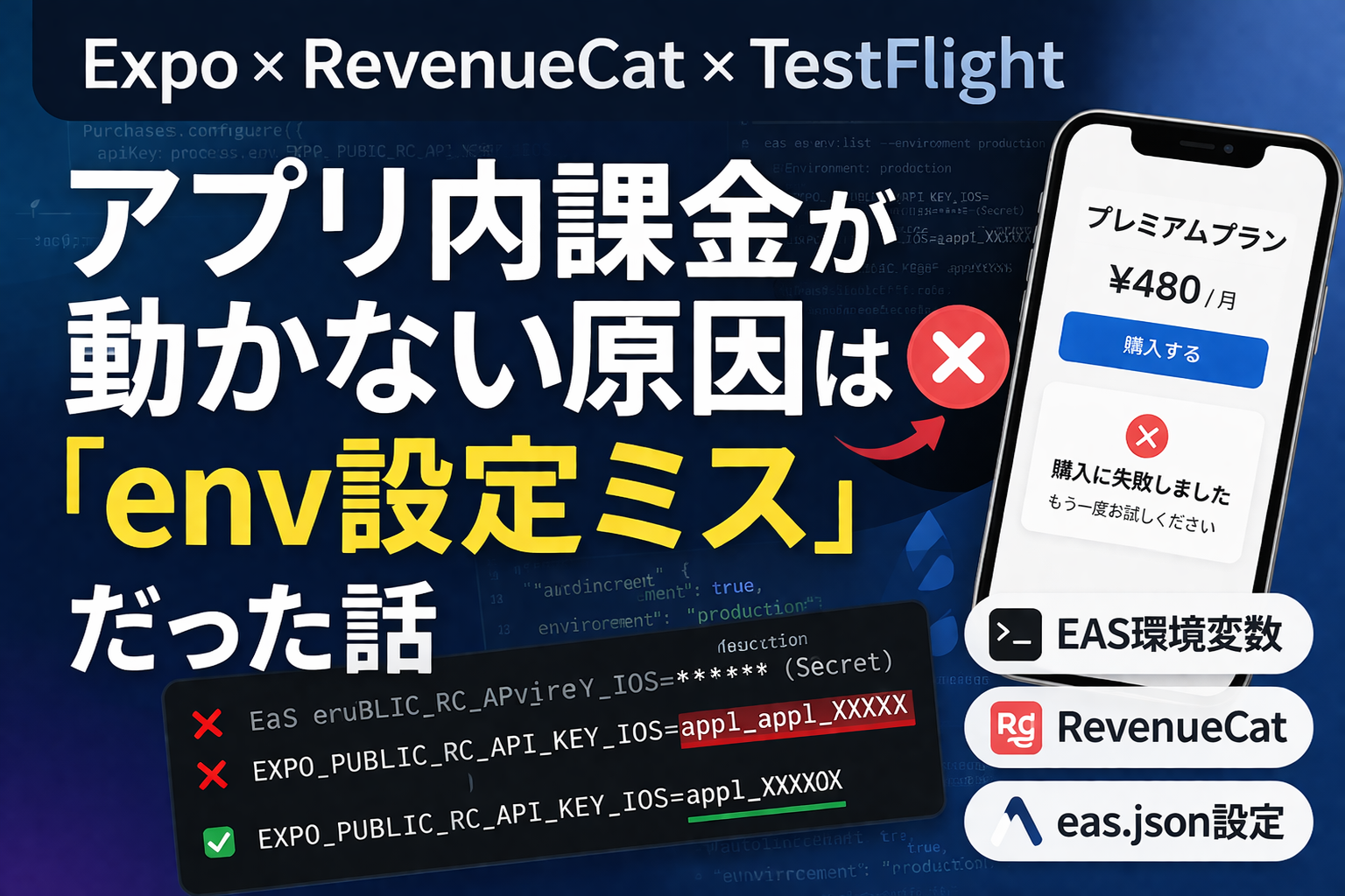 【解決】Expo × RevenueCat × TestFlightでアプリ内課金が動かない原因は「env設定ミス」だった話